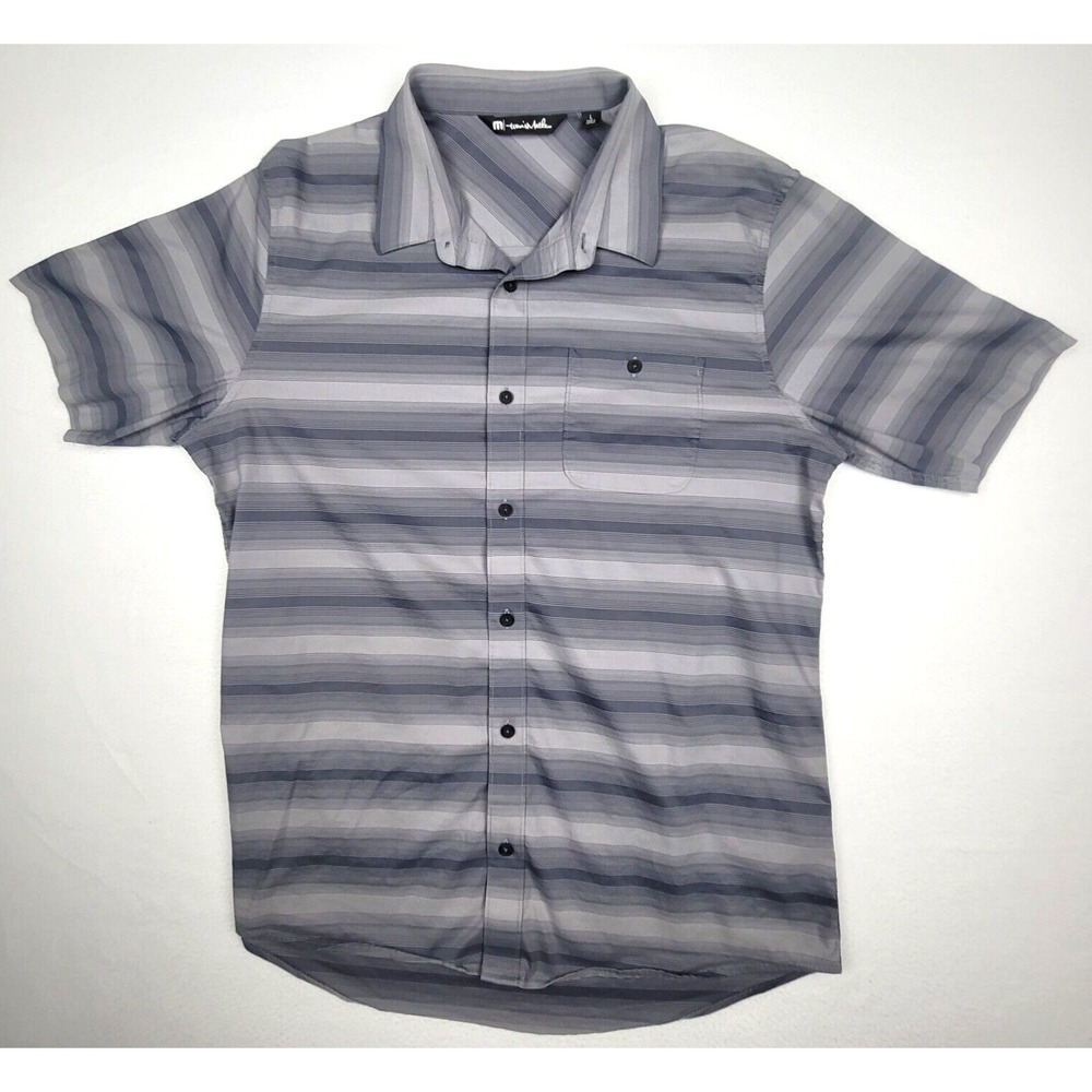 Travis Mathew Men's Gray Black Striped Golf Shirt Sz L - Performance Button-Up - Picture 2 of 9